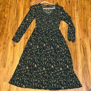 Black Tape women large dress maxi dark Green floral Long Sleeve flowy long light